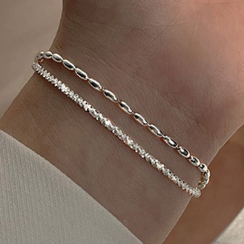NEW 925 Sterling Silver Bead Shiny Chain Double Layer Bracelet